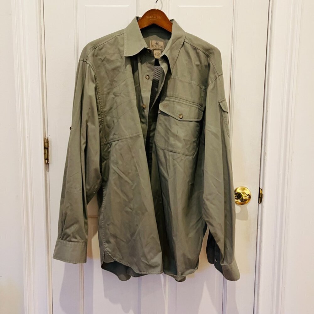 Vintage Beretta Sport Shooting Hunting Safari Button Down Khaki Tan Shirt Men's